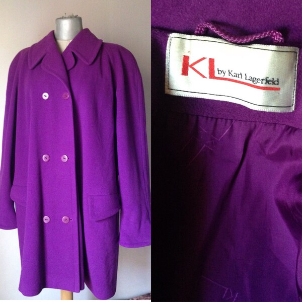 Karl Lagerfeld 80's vintage double breasted, buttoned down, wool & cashmere overcoat in deep purple