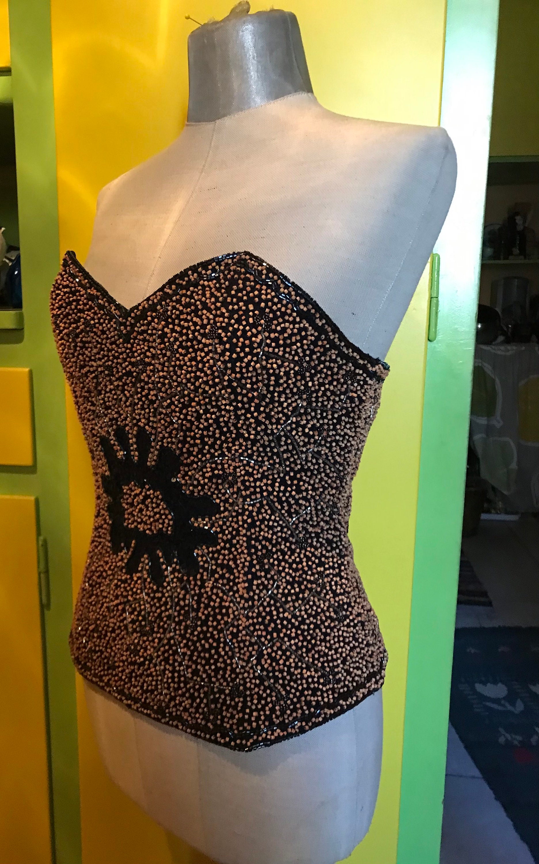 Beaded and Sequined Silk Bustier Top Basque, 90's Vintage Corset Bodice ...