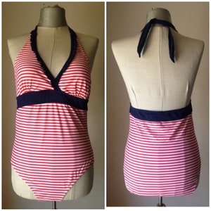 Navy style pin up 90s vtg does 50s one piece swimsuit features red/white stripes and halter, ruffled neckline. L size