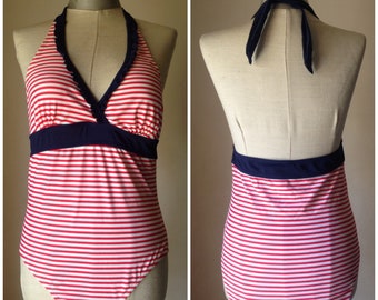 Navy style pin up 90s vtg does 50s one piece swimsuit features red/white stripes and halter, ruffled neckline. L size