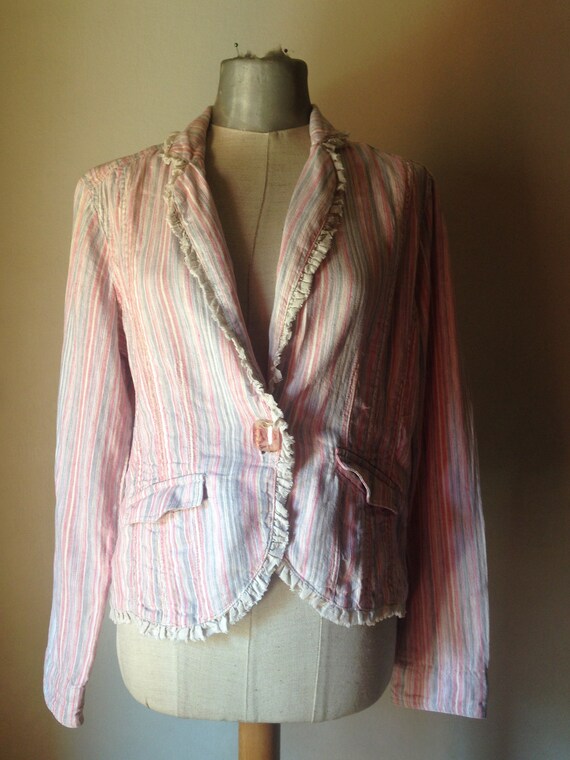 Veste en jean a rayures rose poudre et bleu bebe de 1980. Tellement nostalgique que ca fait mal Le code vestimentaire de Cindy Lauper Etsy Canada