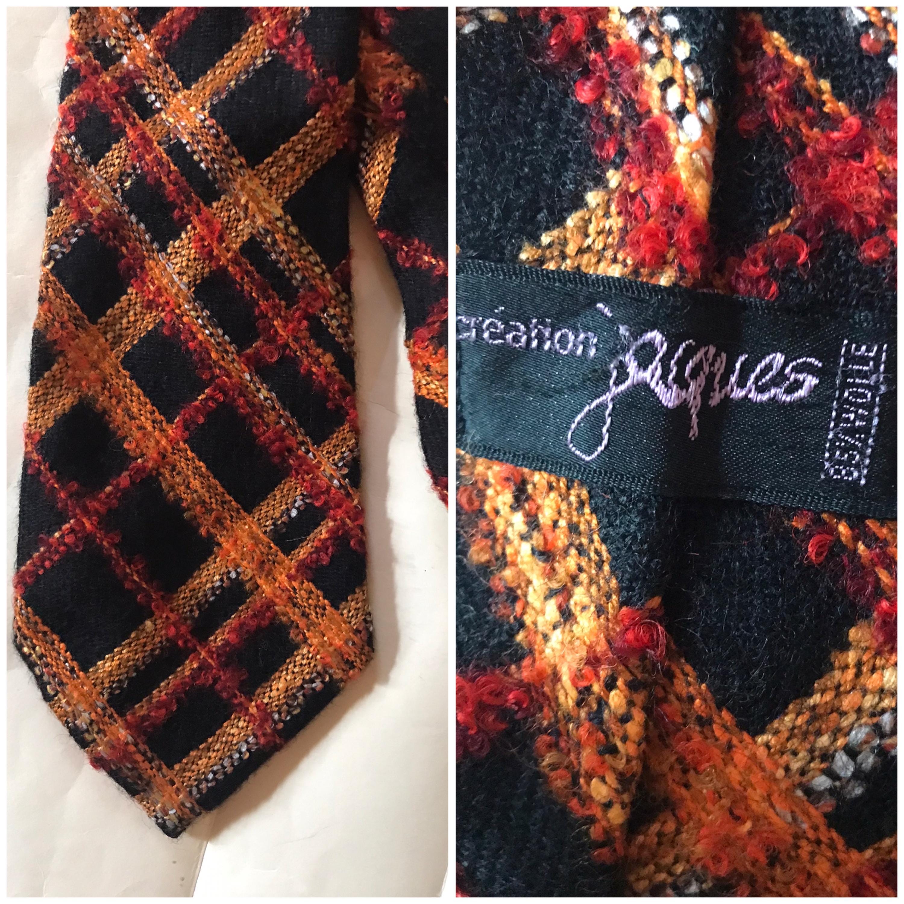 Burnt orange woolen 60's vintage knitted, chunky textured wide necktie features rhombus plaid designs, made in France by Jacques