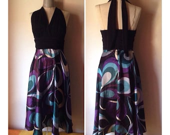 Peacock patterned backless, halter 90s vintage dress for prom, bridesmaids, cocktail parties and more