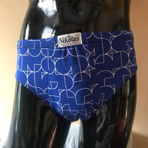 Electric blue geometric printed underwear for men, 80s vintage all cotton kitschy cute men’s briefs. Brand new, dead stock.