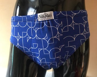 Electric blue geometric printed underwear for men, 80s vintage all cotton kitschy cute men’s briefs. Brand new, dead stock.