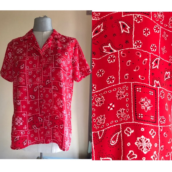 Red bandana styled printed buttoned shirt, 90s does 50s in red and white, by Notations