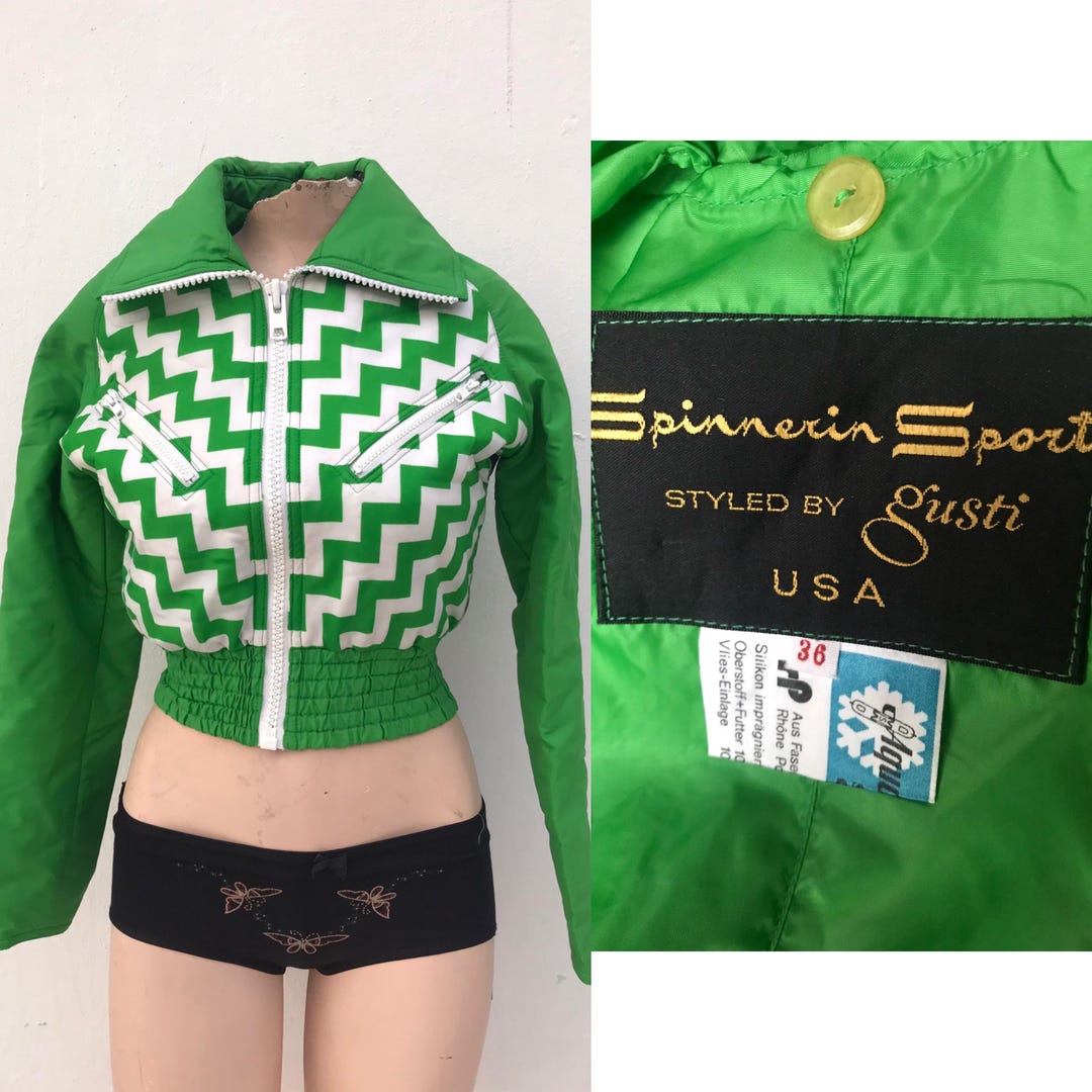 70s Zig Zag Green Grass Cropped, Zipped Up, Groovy Jacket With Wide ...