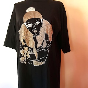 Sad faced pierrot clown with tears holding roses, big printed sketch, 80&#39;s vintage cotton blouse with glitter silver additions