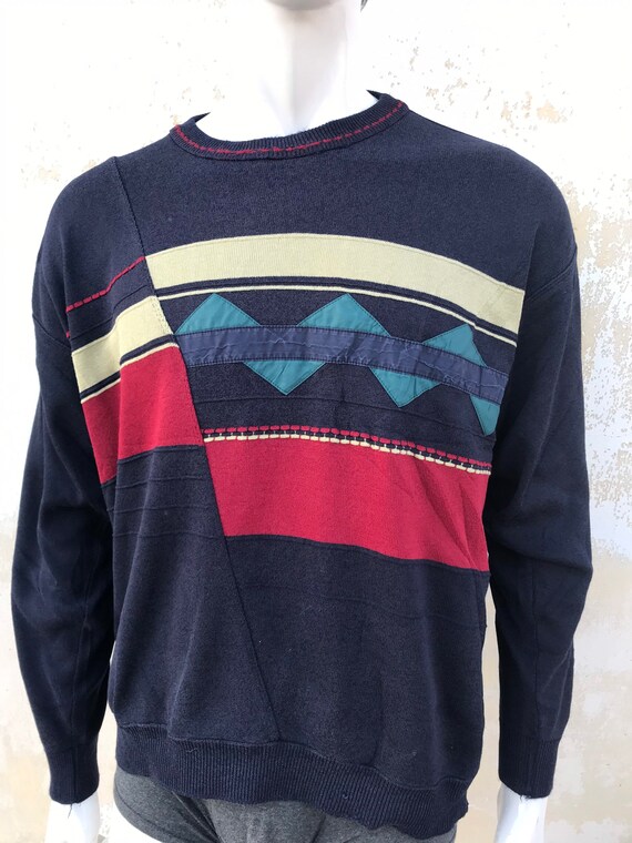 80s vintage dark blue mens retro knitted sweater/… - image 4