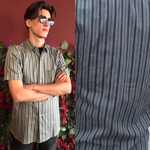 Striped 90s vintage men’s cotton shirt in gray with green vertical stripes and one chest  pocket