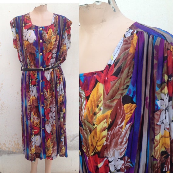 Colorful Striped/floral Loose Sheer, Pleated Buttoned Long 80s Dress With  Basic Coloring Yellow Mustard, Blue & Red in Greek Muse Style - Etsy
