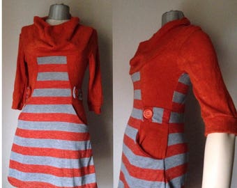 90s does 70s vintage orange midi dress with stripes in orange-gray. Autumn, winter beautiful A-line dress