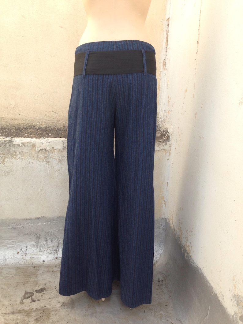 Wide leg striped pleated denim pants in gaucho style 90/'s vintage pretty novelty low waist maxi pants Along with wide elasticated belt