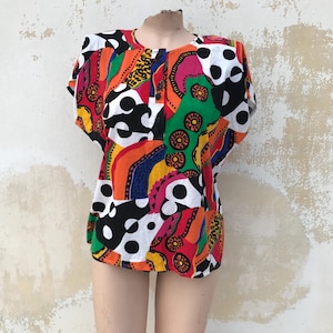 Crazy, abstract, geometric, op art designs Loose, L sized early 80s vintage shoulder padded blouse with buttoned neckline