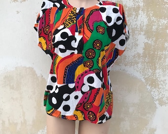 Crazy, abstract, geometric, op art designs Loose, L sized early 80s vintage shoulder padded blouse with buttoned neckline