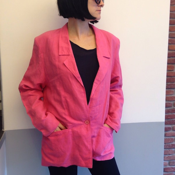Fucshia pink long 80s unisex 'McNamara Sports' dark pink blazer/jacket, in loose, relaxed fit