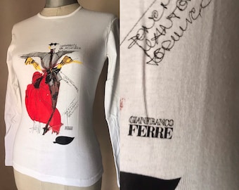 Gianfranco FERRE white long sleeved cotton blouse with impressive original sketch print by the designer’s hand