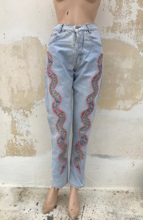 Light Blue Stonewashed, High Waisted, Pair of 90s Denim