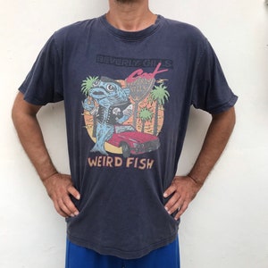 Weird fish 90s vintage cotton T-shirt featuring humorous, parody Beverly Hills cop blouse big print