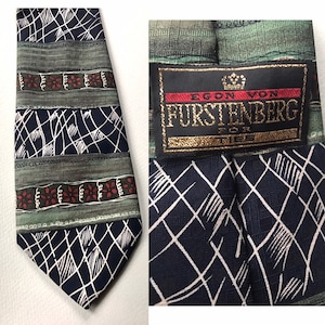 Egon von Furstenberg, 80s vintage, kitschy cute necktie in khaki green tones with abstract sketches and designs