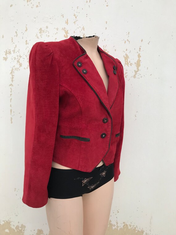 Red suede leather 80s cropped bolero blazer with … - image 3