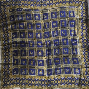 Silk 70s vintage squared scarf souvenir from India, features elephants, peacocks and man figures in blue and yellow