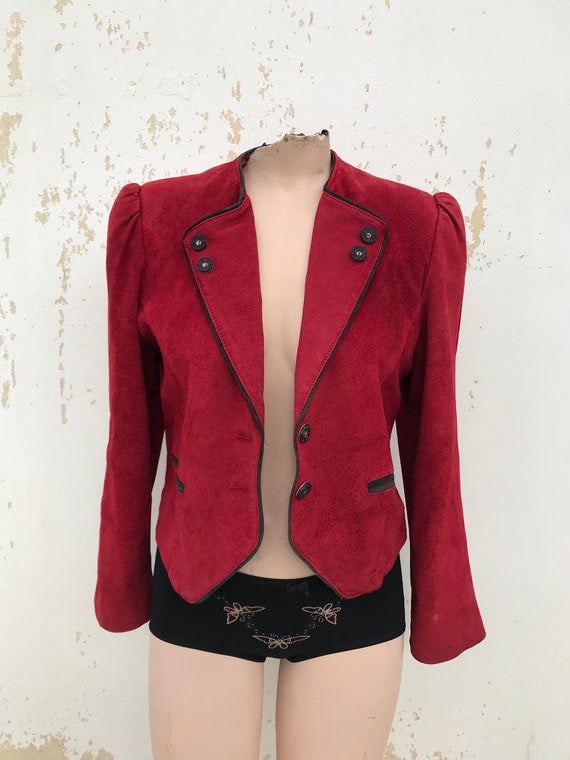 Red suede leather 80s cropped bolero blazer with … - image 2