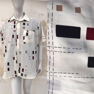 Geometric 90s  vintage XL buttoned shirt for men features geometric, squared designs and one chest pocket