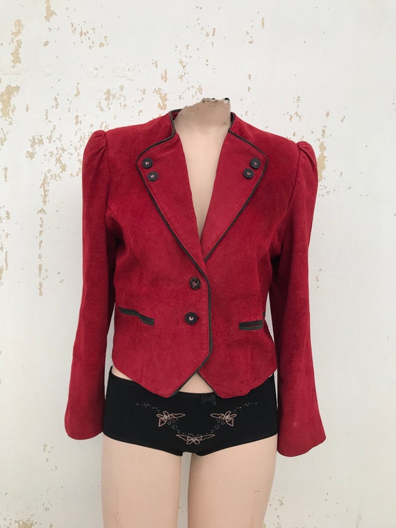 Red suede leather 80s cropped bolero blazer with … - image 5