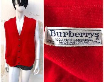 Burberrys 1970s/80s vintage warm, hot red woolen vest/cardigan for men featuring two front pockets