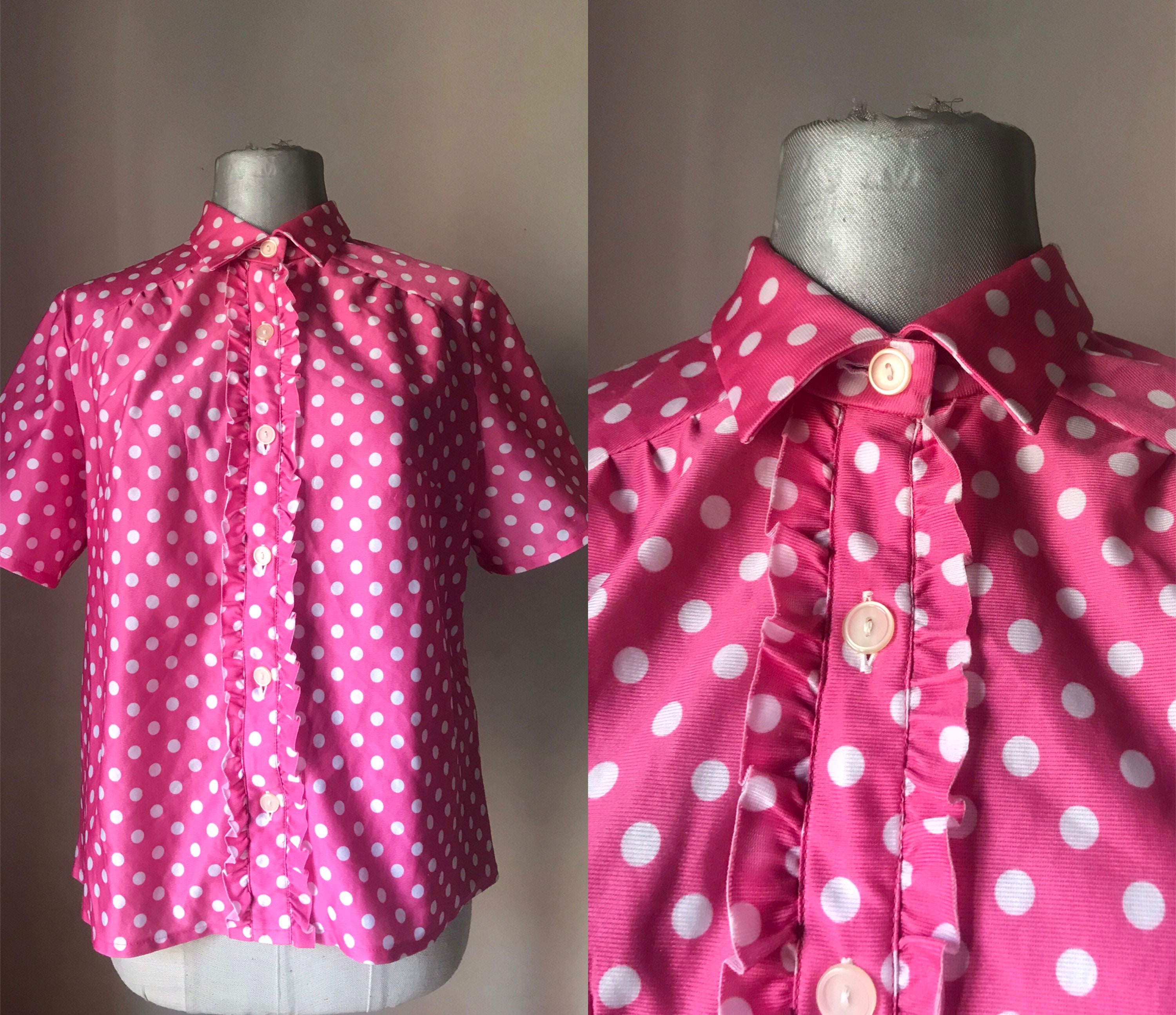 Adorable 60s Vintage Shocking Pink Polka Dot Loose Shirt