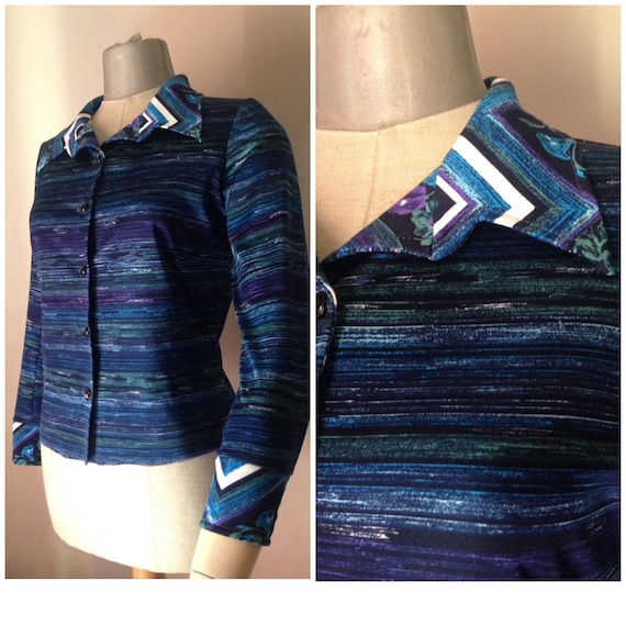 70s blue/purple horizontally striped buttoned down