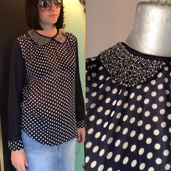 Blue amazing polka dot sheer long blouse featuring