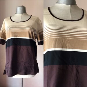 Colorblock 70's vintage beige/brown loose blouse features horizontal thick and thin stripes, Size Large