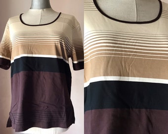 Colorblock 70&#39;s vintage beige/brown loose blouse features horizontal thick and thin stripes, Size Large