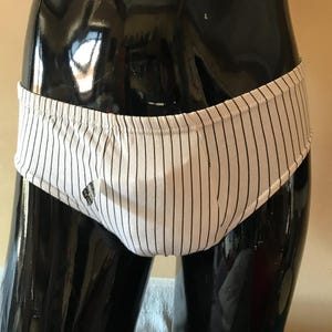 Black thin vertical striped printed underwear for men, 80s vintage all cotton, men’s briefs made in Greece. Brand new, dead stock