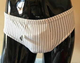 Black thin vertical striped printed underwear for men, 80s vintage all cotton, men’s briefs made in Greece. Brand new, dead stock