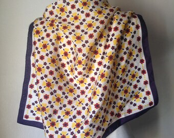 70s squared rayon made scarf featuring spring flowers in purple blue, yellow and crimson red