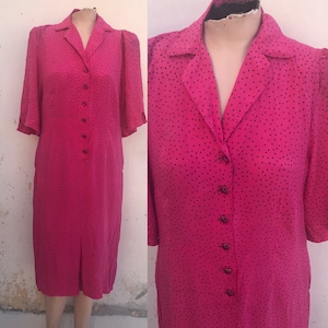 Dotty bubblegum pink, wrinkled silk, 80s does 40s vintage, half buttoned shirtdress with collars and pleats at the front and back