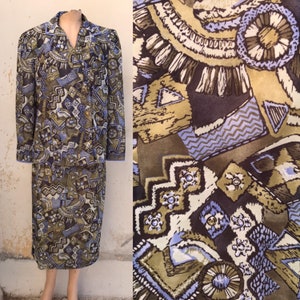 Two piece ensemble, XL size. 80s vintage  jacket & same patterned long skirt suit feat novelty geometric/abstract prints in khaki/blue