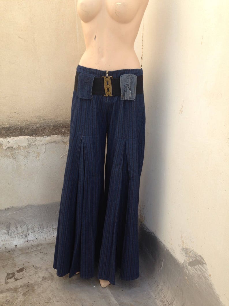 Wide leg striped pleated denim pants in gaucho style 90/'s vintage pretty novelty low waist maxi pants Along with wide elasticated belt