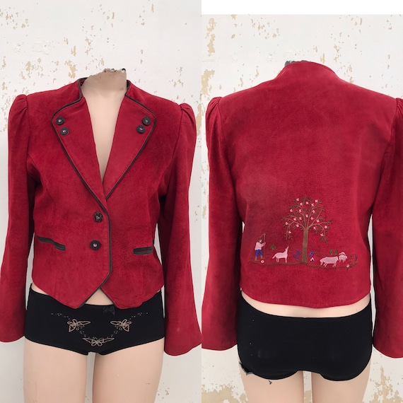 Red suede leather 80s cropped bolero blazer with … - image 1