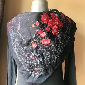 70s squared scarf features red daises on black, dotty background, made in Italy