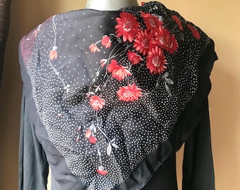70s squared scarf features red daises on black, dotty background, made in Italy