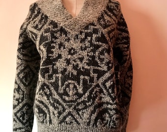 Chandail/pull en laine tricoté gris unisexe vintage rétro unisexe à motifs géométriques épais avec larges cols en V