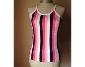 Pink & black striped 70s vintage cotton tank top with thick vertical stripes  1970s camisole, Underwear