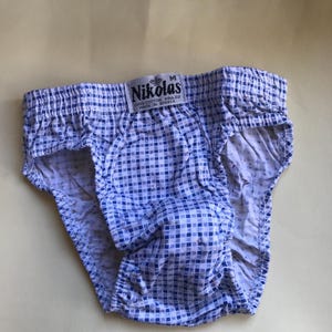 Checkered underwear for men, 80s vintage all cotton, men’s briefs in blue/white, Brand new, made in Greece, Medium size