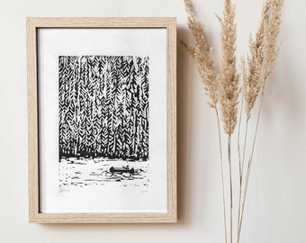 Linocut FOREST LAKE CANADA - Limited edition illustration
