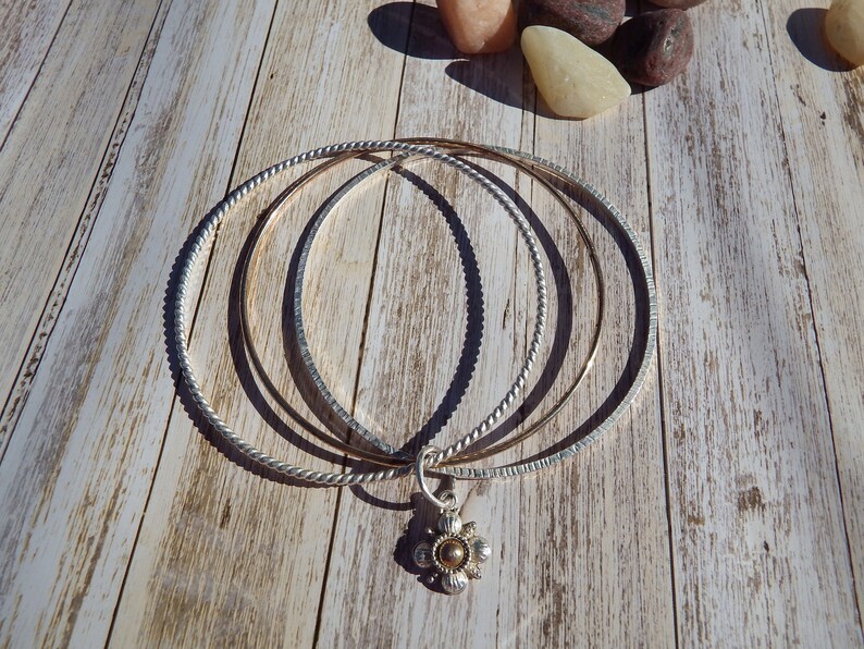 Solid Sterling Silver Bangles Set of Three With Flower Charm Bangle Bracelet Bangle Bracelet Stacking Bracelet Boho Chic