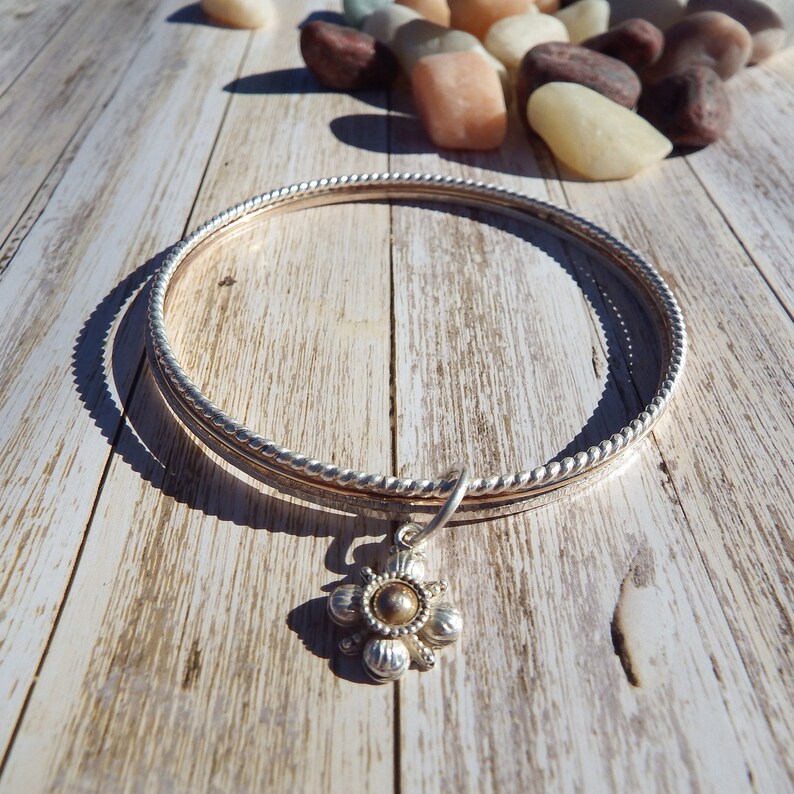 Solid Sterling Silver Bangles Set of Three With Flower Charm Bangle Bracelet Bangle Bracelet Stacking Bracelet Boho Chic